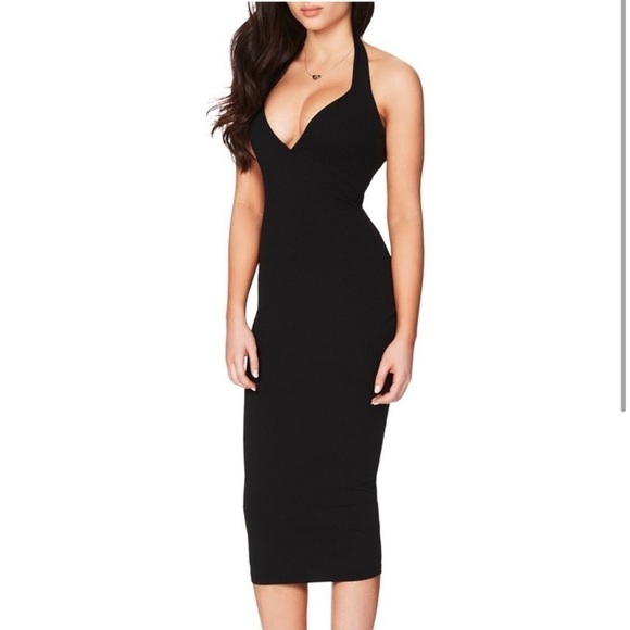 NOOKIE Medea Midi Halter Bodycon Cocktail Midi Black Dress NWT - Picture 1 of 15
